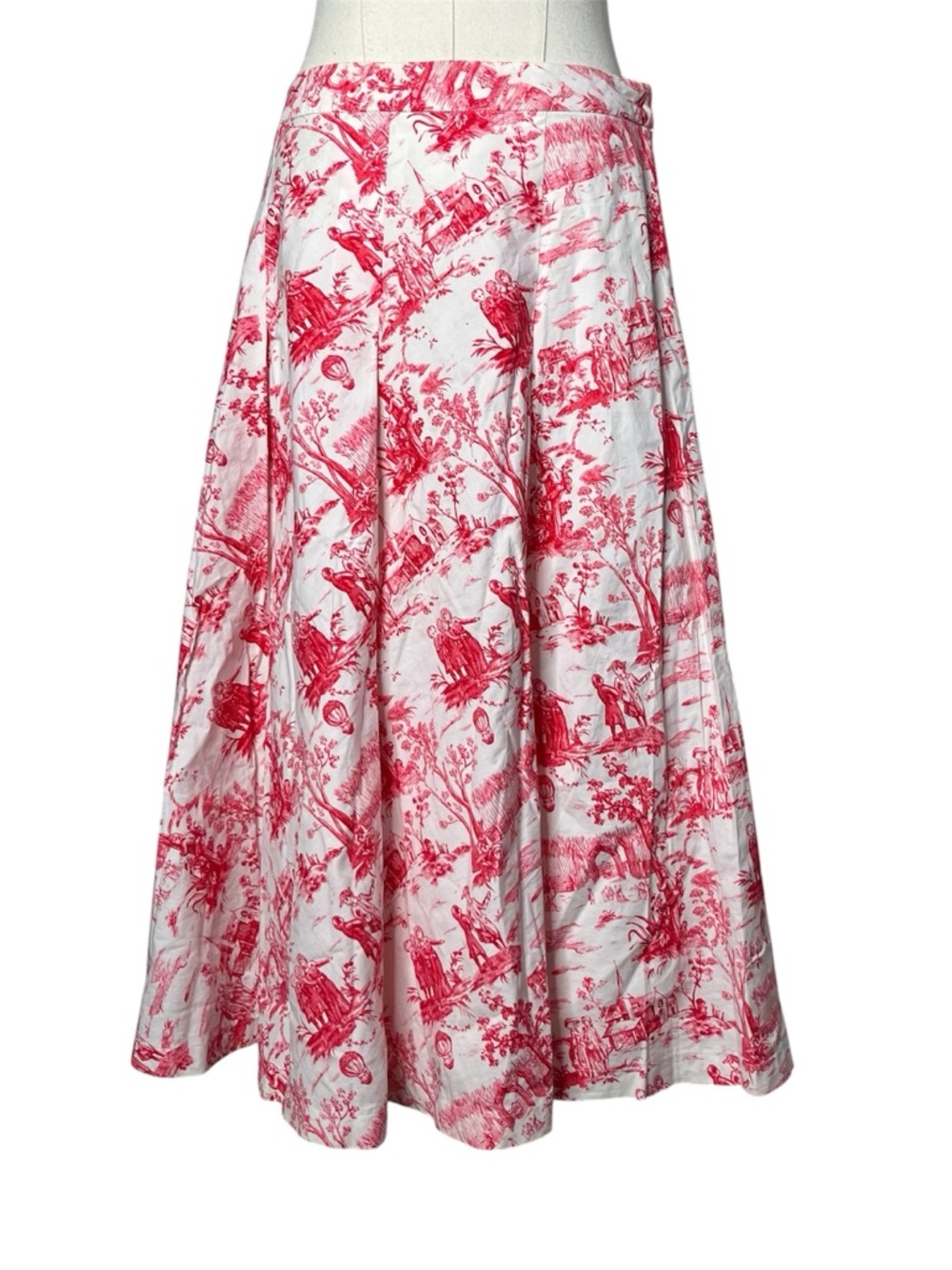 Vintage Red French Toile Knee Length Pleated Midi Skirt Twee Euro Summer